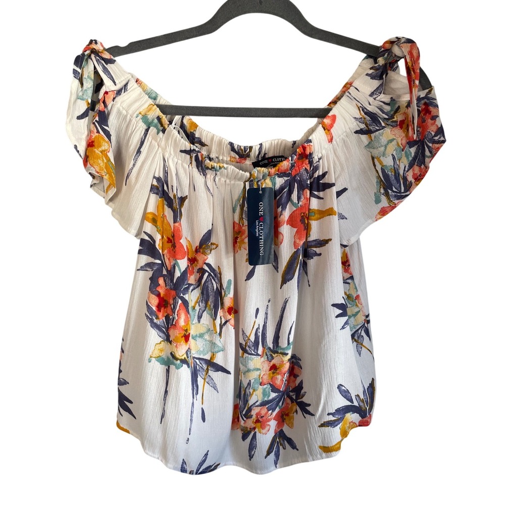 One Clothing Floral Off Shoulder Tie Sleeve Blouse White Orange CT6641-UR26 S
